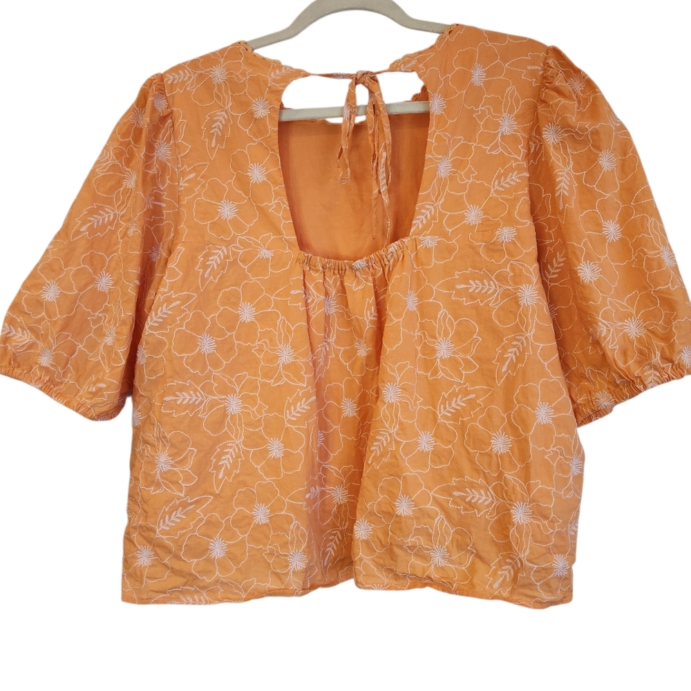 LOFT Orange Floral Puff-Sleeve Blouse Cut-Out Back With Tie Size XL Embroidered - Picture 2 of 10